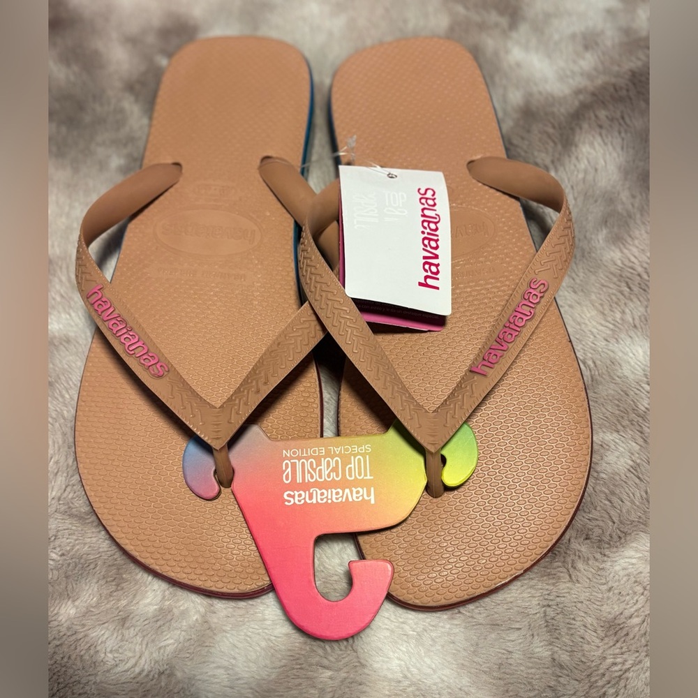 Havaianas Women's Tan Flip Flops with Pink Logo